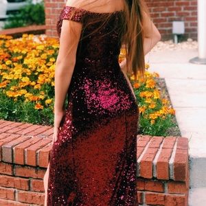Red off the shoulder sparkly dress